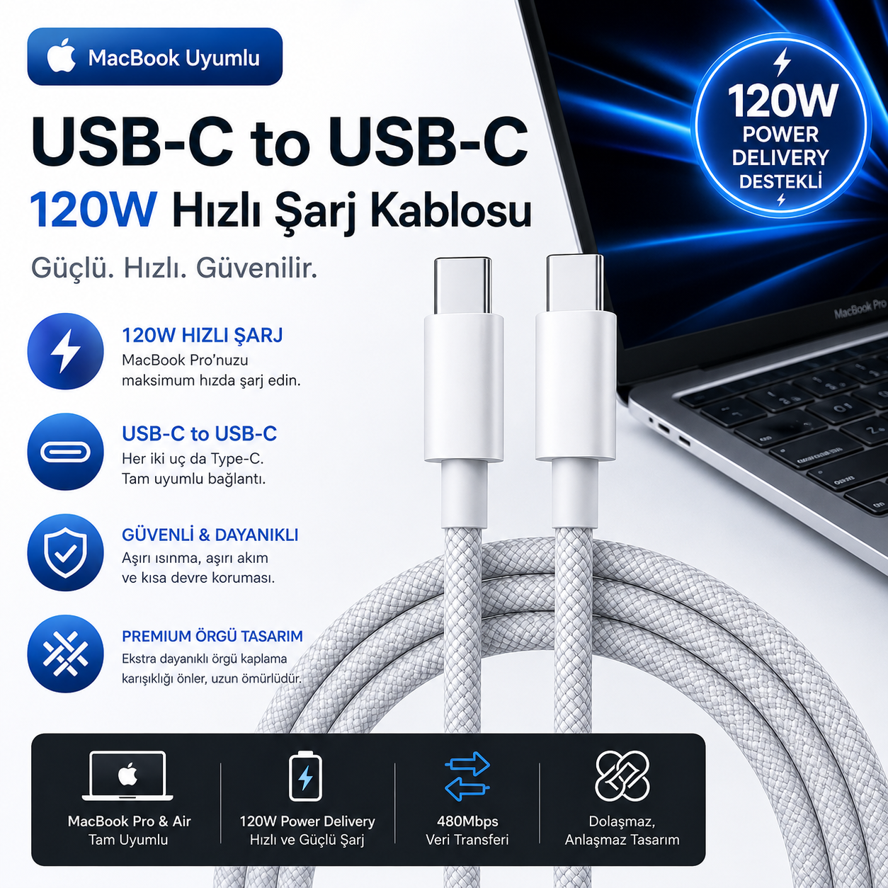 Apple MacBook Uyumlu120W USB-C to USB-C Hızlı Şarj ve Veri Aktarım Kablosu – Hasır Örgülü Dayanıklı Tasarım – 2 Metre